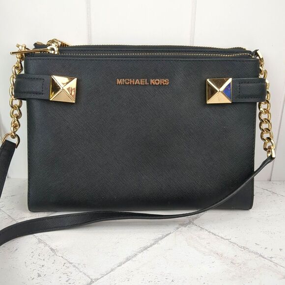 Michael Kors Handbags - Michael Kors Karla Leather East West Crossbody Saffiano Leather Black & Gold